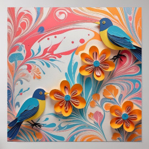 Vibrant Paper Birds and Floral Art - Creative  Poster