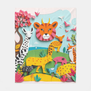 Vibrant Paper Collage Animal Kingdom Fleece Blanket