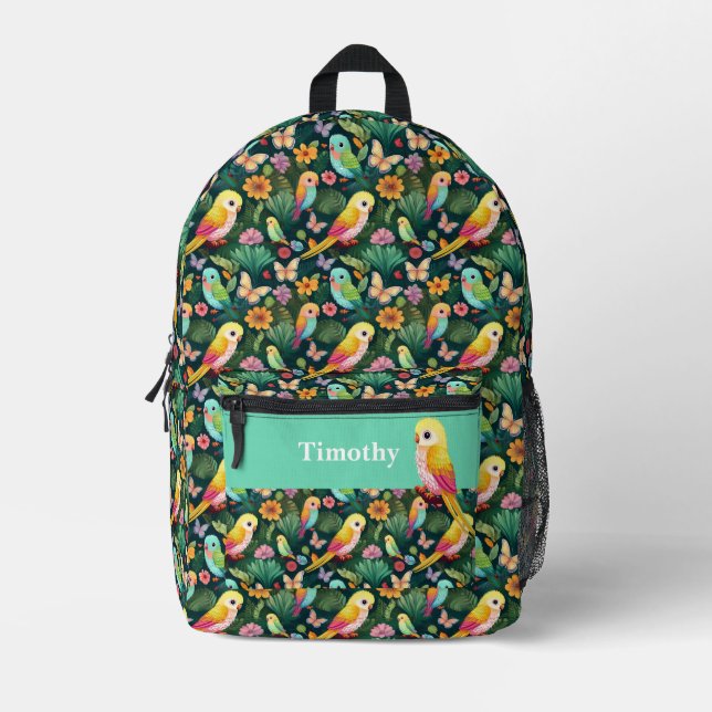 Vibrant Parrot and Forest Personalised Backpack  (Front)
