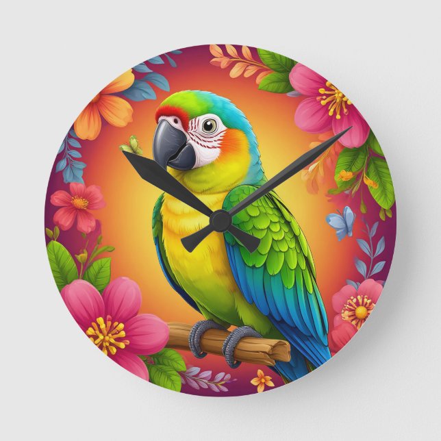 Vibrant Parrot Perched On A Branch Round Clock (Front)