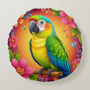 Vibrant Parrot Perched On A Branch Round Cushion