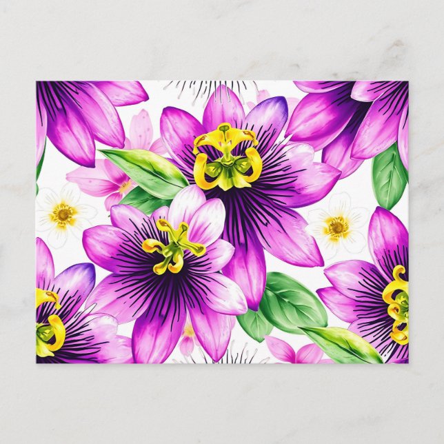 Vibrant Passion Flower Watercolor Pattern Postcard (Front)