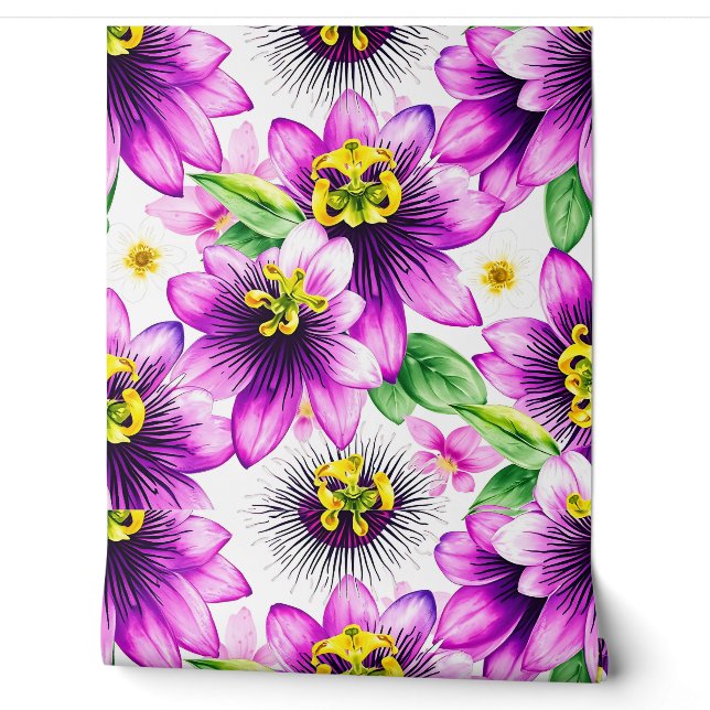 Vibrant Passion Flower Watercolor Pattern Wallpaper (Unrolling)