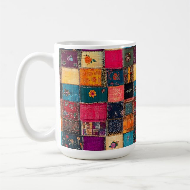 Vibrant Patchwork Quilt with Classic Florals Coffee Mug (Left)