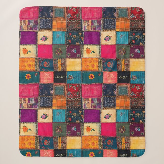 Vibrant Patchwork Quilt with Classic Florals Sherpa Blanket (Front)