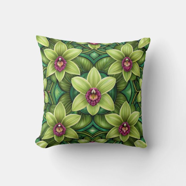 Vibrant pattern of green leaves and flowers  cushion (Front)