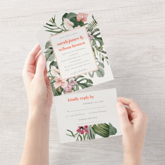 Vibrant Peach Blush Boho Tropical Floral Wedding All In One Invitation (Tearaway)