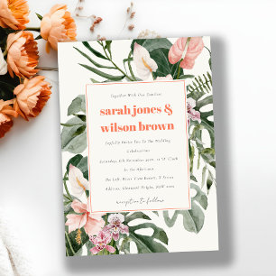 Vibrant Peach Blush Boho Tropical Floral Wedding Invitation