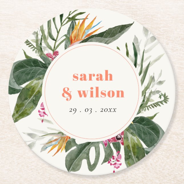 Vibrant Peach Blush Boho Tropical Floral Wedding Round Paper Coaster (Front)