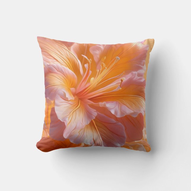 Vibrant Peach Hibiscus Floral Throw Pillow (Front)