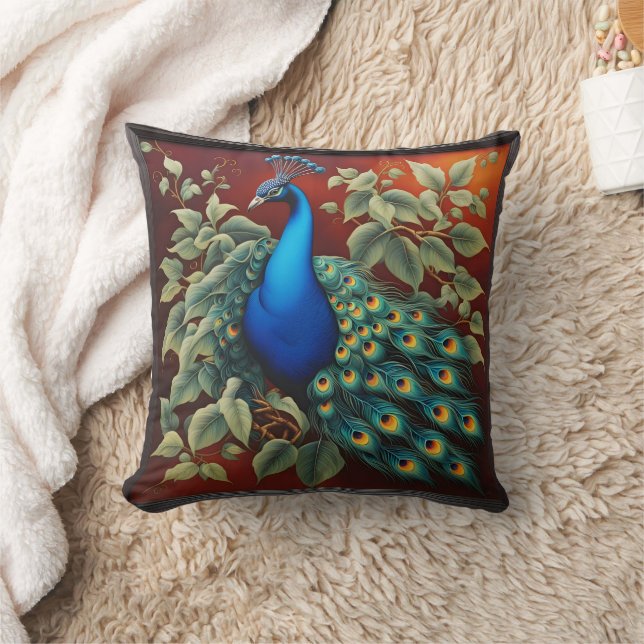 Vibrant Peacock Amidst Lush Greenery Cushion (Blanket)