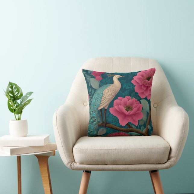 Vibrant Peacock and Pink Floral Pattern Cushion (Chair)