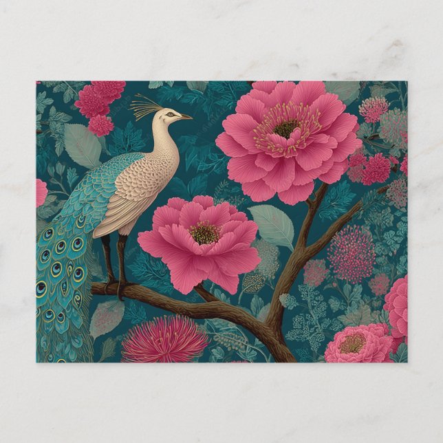 Vibrant Peacock and Pink Floral Pattern Holiday Postcard (Front)