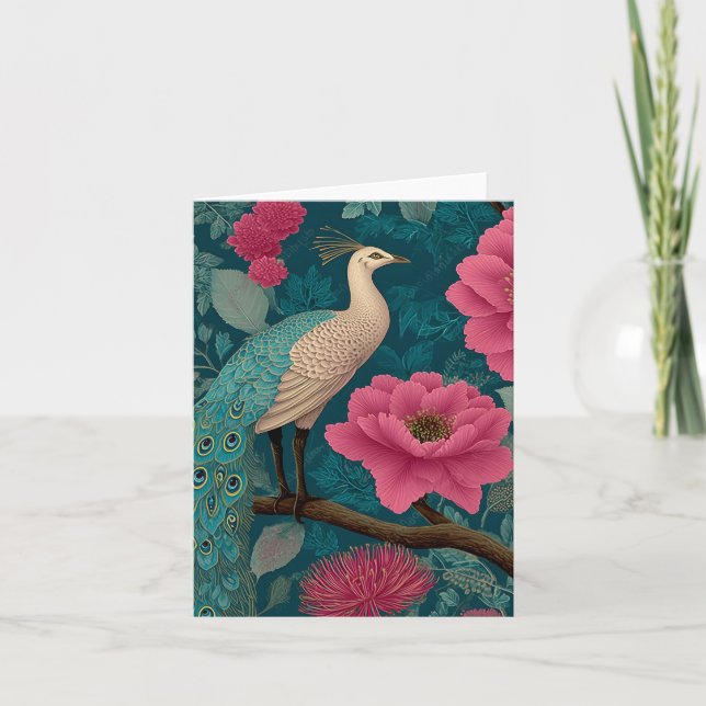 Vibrant Peacock and Pink Floral Pattern Note Card (Front)