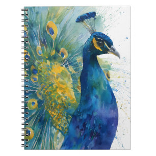 Vibrant Peacock Blue Gold Watercolor Art Notebook