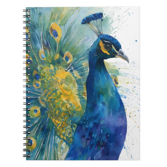 Vibrant Peacock Blue Gold Watercolor Art Notebook (Front)
