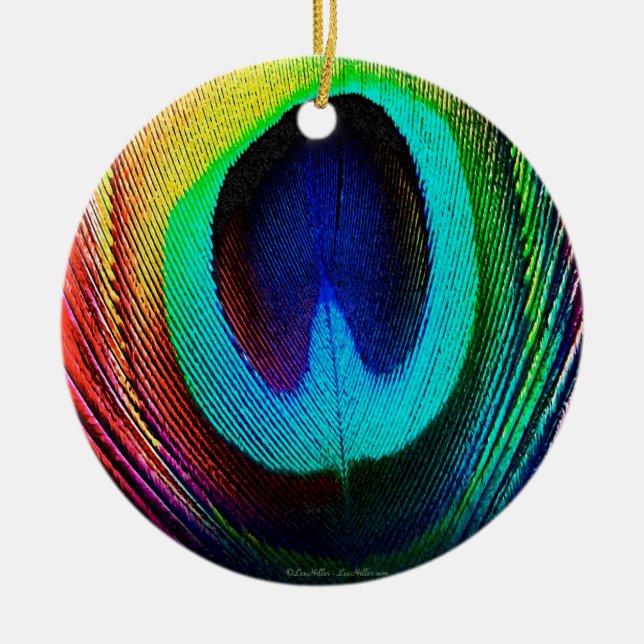 Vibrant Peacock Feather Ceramic Tree Decoration (Front)