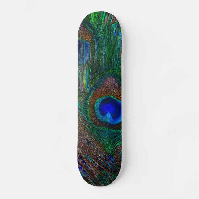 Vibrant Peacock Feathers Etching Style Decor Skateboard (Front)