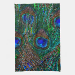Vibrant Peacock Feathers Etching Style Decor Tea Towel