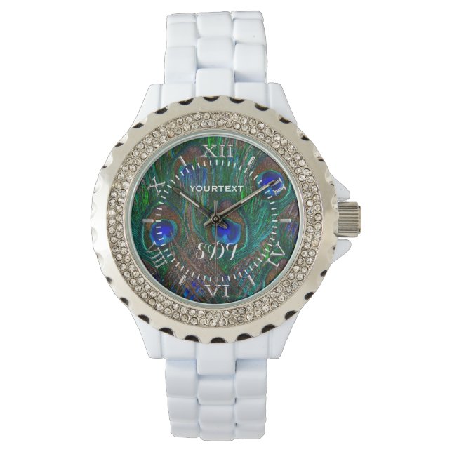 Vibrant Peacock Feathers Etching Style Dial Watch (Front)