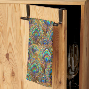 Vibrant Peacock Feathers on Gold Tea Towel