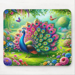 Vibrant Peacock in a Fantasy Garden Painting Mouse Pad