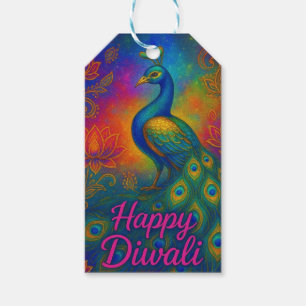 Vibrant Peacock, Lotus & Elephant Happy Diwali Gift Tags