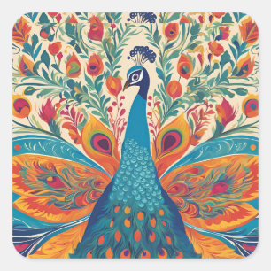 Vibrant Peacock: Mexican Art Style Accent Pillow Square Sticker