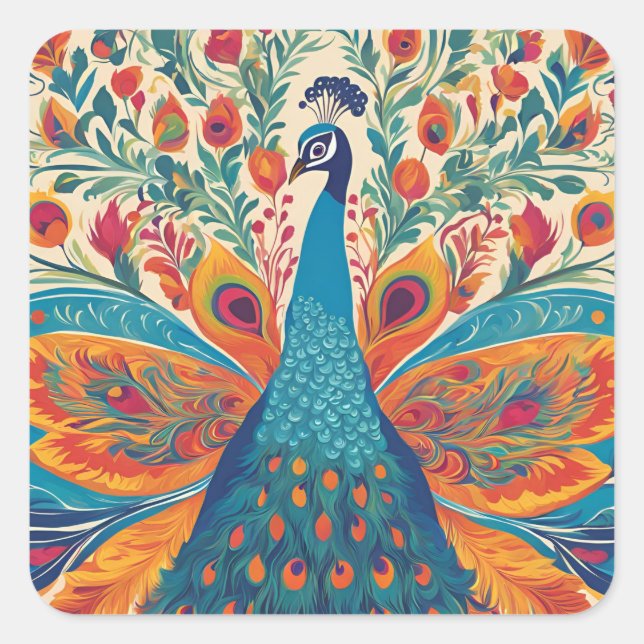 Vibrant Peacock: Mexican Art Style Accent Pillow Square Sticker (Front)