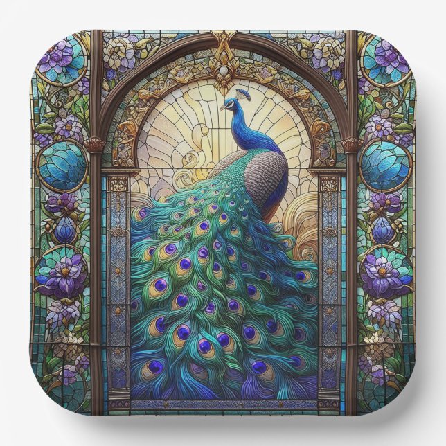 Vibrant Peacock Paper Plates: The Elegant Table Plate (Front)