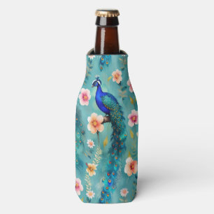 Vibrant Peacock With Feathers & Lush Florals Bottle Cooler