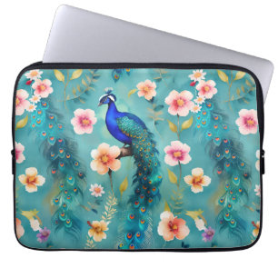 Vibrant Peacock With Feathers & Lush Florals Laptop Sleeve