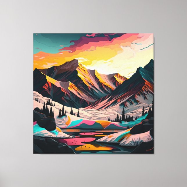 Vibrant peak: A snowy mountain at sunset. Canvas Print (Front)