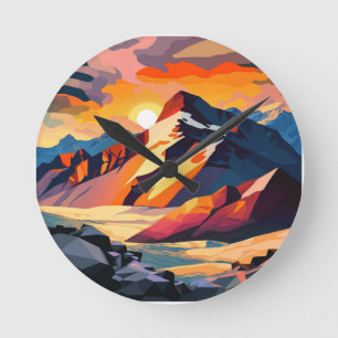 Vibrant peak: A snowy mountain at sunset. Round Clock