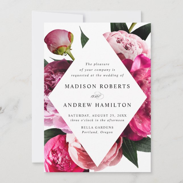 Vibrant Peonies Diamond Floral Frame Wedding Invitation (Front)