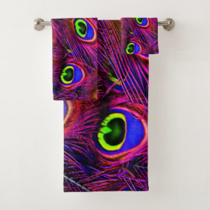 Vibrant Personalise Peacock purple Feathers Bath Towel Set