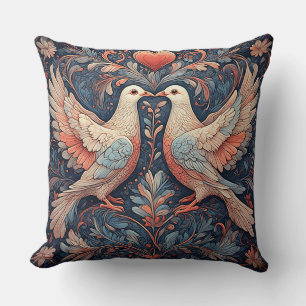 Vibrant Pigeons Surrounded by Blooming Flowers Cushion