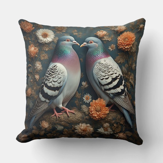 Vibrant Pigeons Surrounded by Blooming Flowers Cushion (Front)