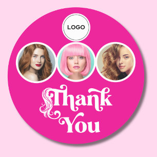Vibrant Pink 3 Photo Hair Stylist Logo Thank You Classic Round Sticker