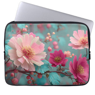 Vibrant Pink and Blue Fantasy Floral Art Laptop Sleeve