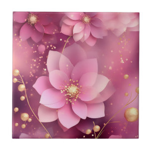 Vibrant Pink and Gold Floral Tile