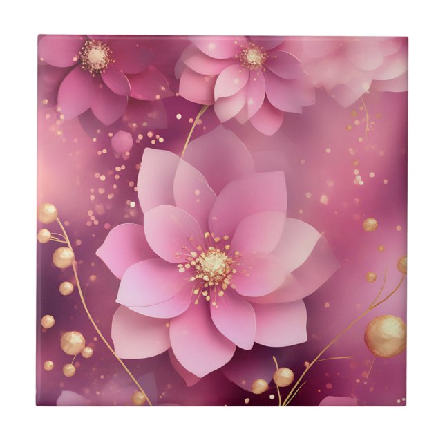 Vibrant Pink and Gold Floral Tile (Front)