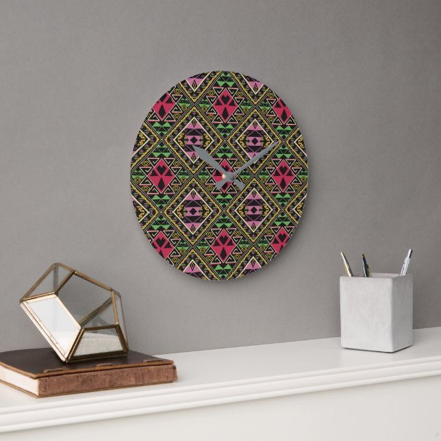 Vibrant Pink and Green Abstract Fabric Art Large Clock (Office)