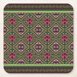 Vibrant Pink and Green Abstract Fabric Art Square Paper Coaster