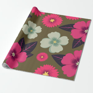 Vibrant Pink and Green Floral on Olive Background Wrapping Paper