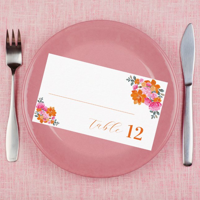 Vibrant Pink and Orange Floral Flat Summer Wedding Place Card (Creator Uploaded)