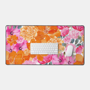 Vibrant Pink and Orange Floral Garden Custom Name Desk Mat