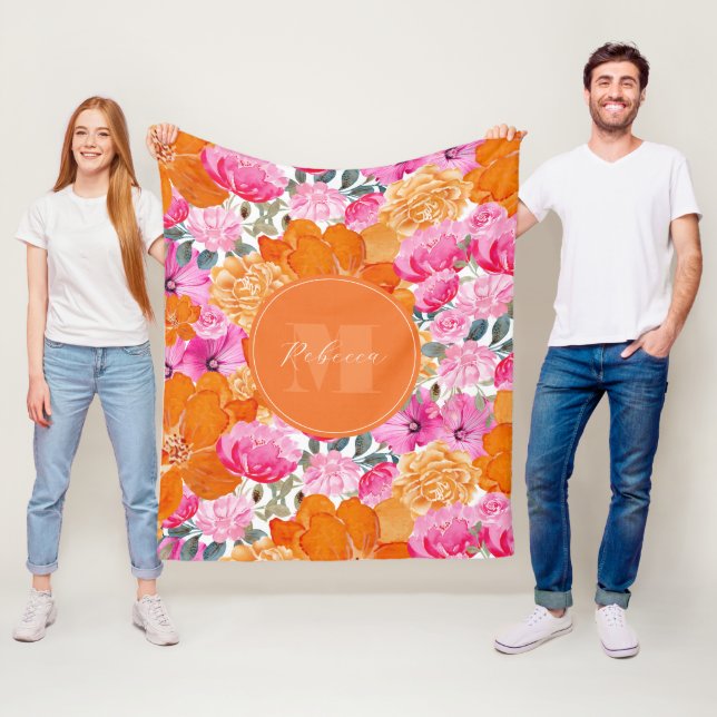 Vibrant Pink and Orange Floral Garden Custom Name Fleece Blanket (In Situ)