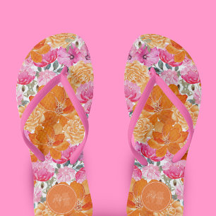 Vibrant Pink and Orange Floral Garden Custom Name Jandals