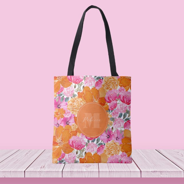 Vibrant Pink and Orange Floral Garden Custom Name Tote Bag (Creator Uploaded)